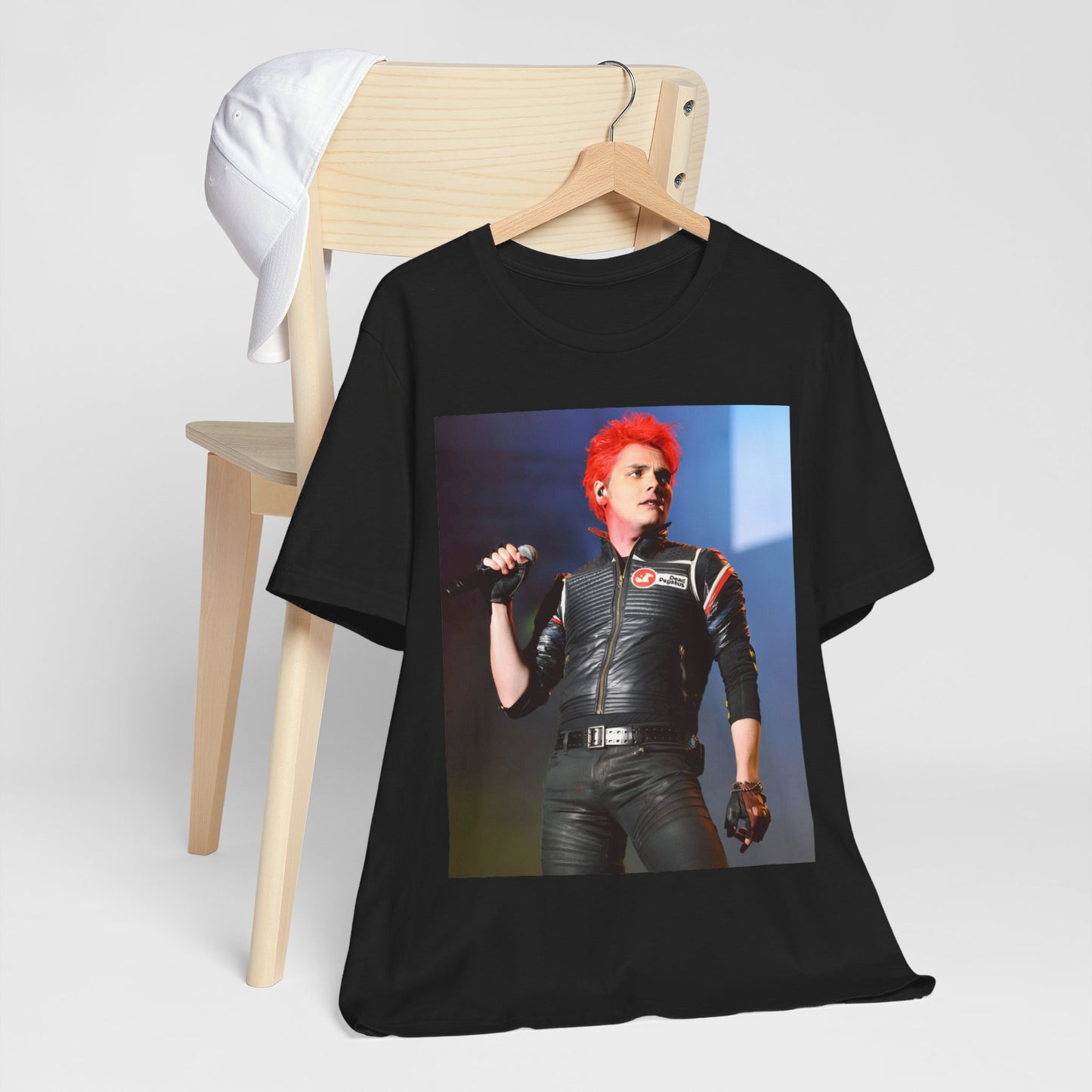A black graphic t-shirt featuring a graphic related to My Chemical Romance's emo revival era.