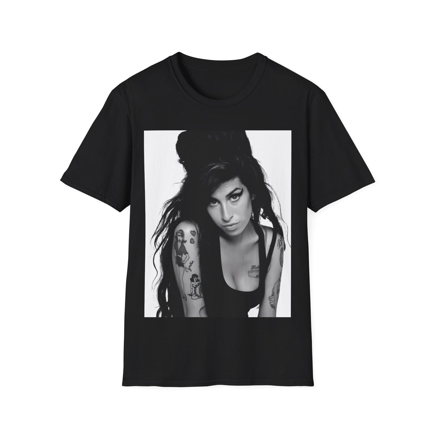 A black graphic t-shirt featuring a black and white portrait of Amy Winehouse, showing her with her signature beehive and soulful expression.