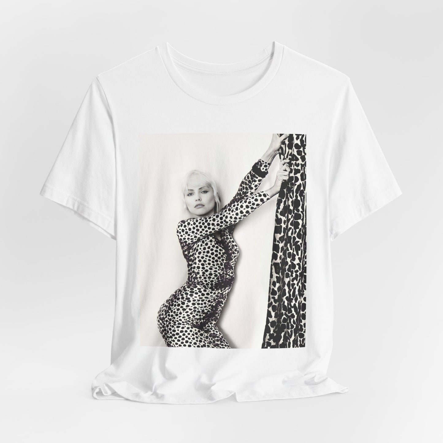 A black graphic t-shirt featuring a black and white, wild-style graphic of Blondie, emphasizing their untamed spirit.