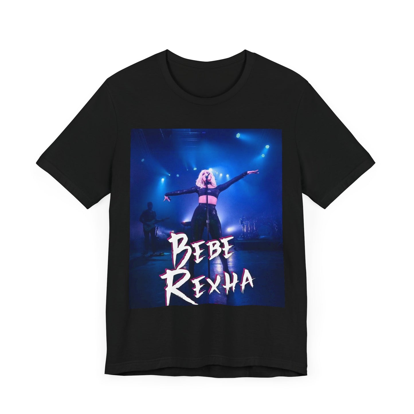 A black graphic t-shirt featuring a dynamic graphic or photo of Bebe Rexha performing live on stage.