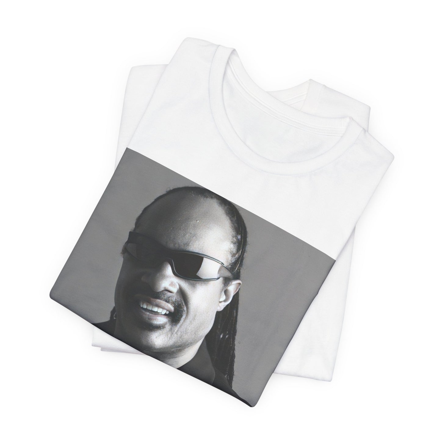 A black graphic t-shirt featuring a classic Motown legend black and white graphic of Stevie Wonder.