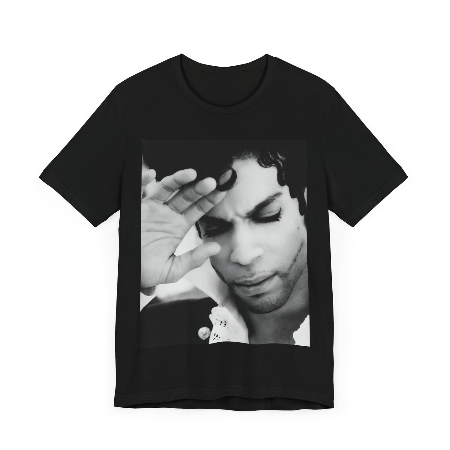 A black graphic t-shirt featuring a black and white graphic or photo portrait of Prince.