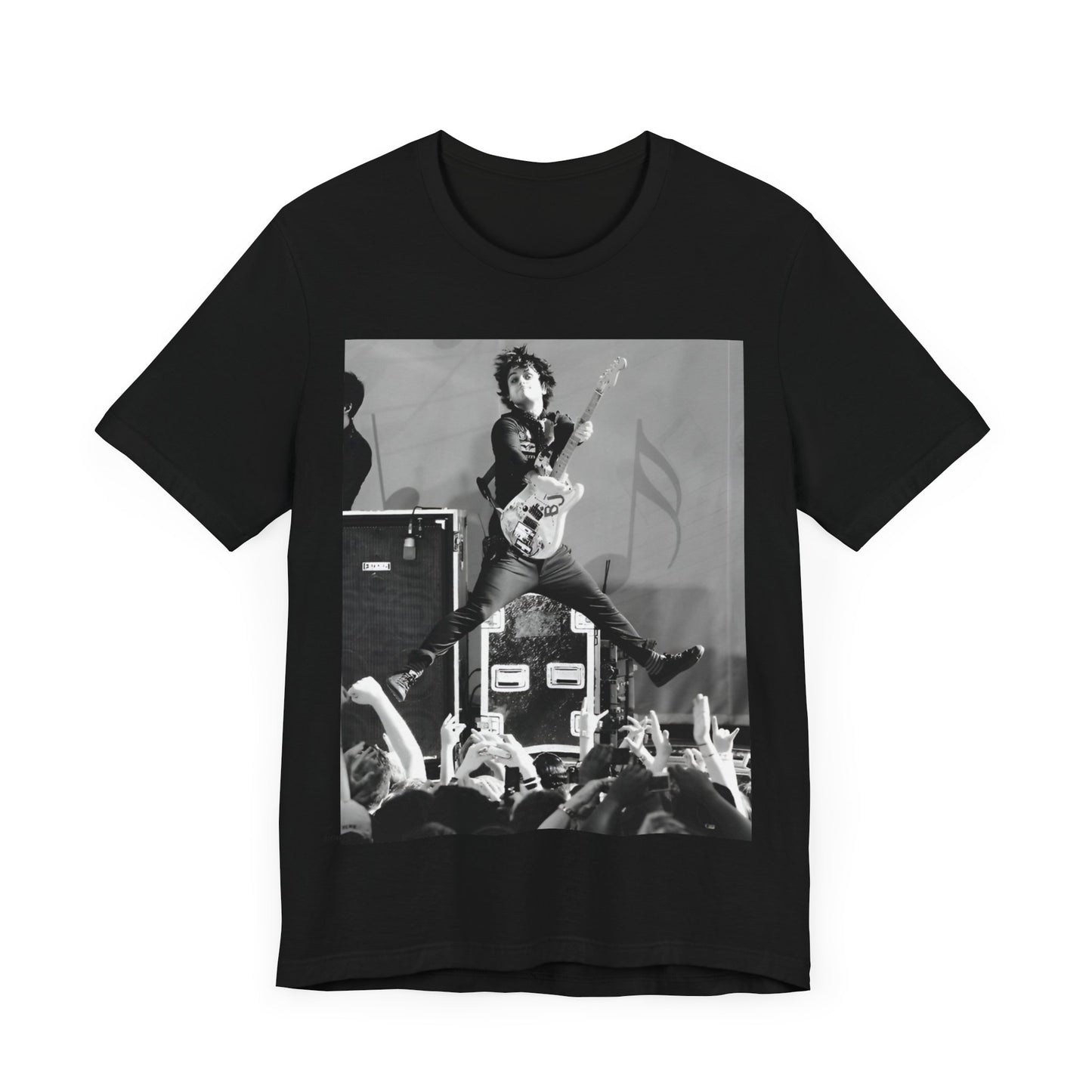 A black graphic t-shirt featuring a graphic of Billie Joe Armstrong from Green Day jumping on stage during a performance.