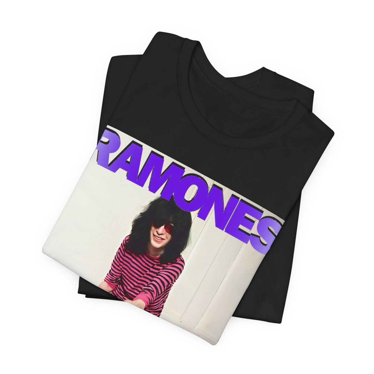 A black graphic t-shirt featuring a casual punk fan graphic of the Ramones.