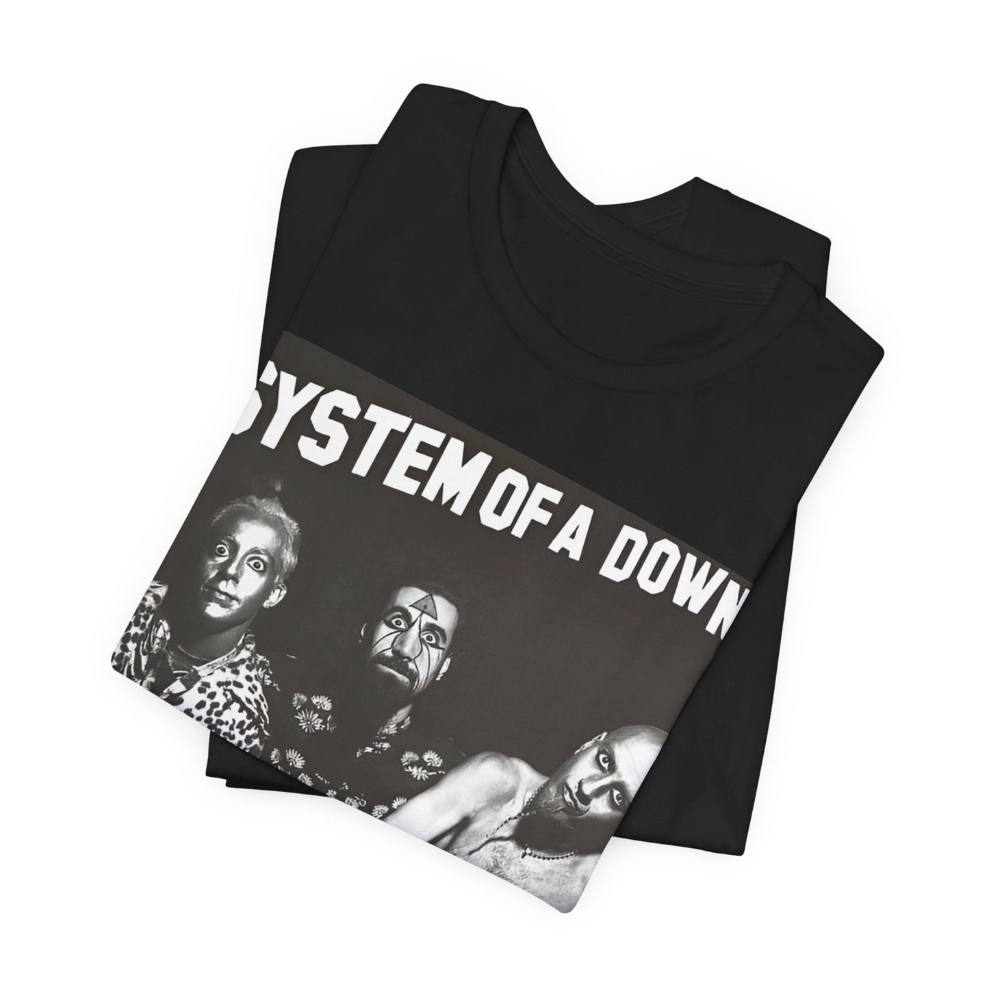 A black graphic t-shirt featuring a black and white graphic related to System of a Down's 'Chop Suey!' song or era.
