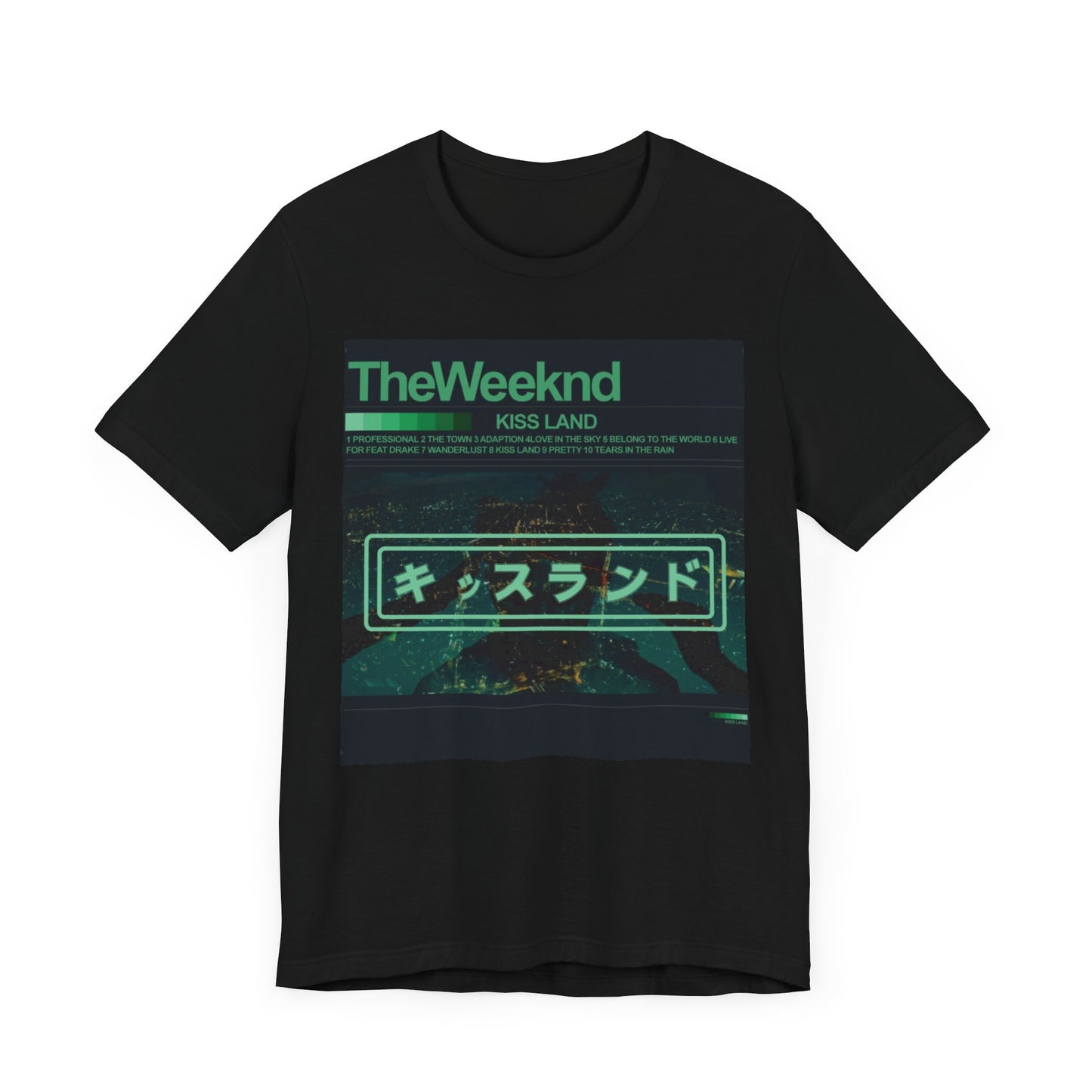 A black graphic t-shirt featuring a retro graphic related to The Weeknd's 'Kiss Land' album.