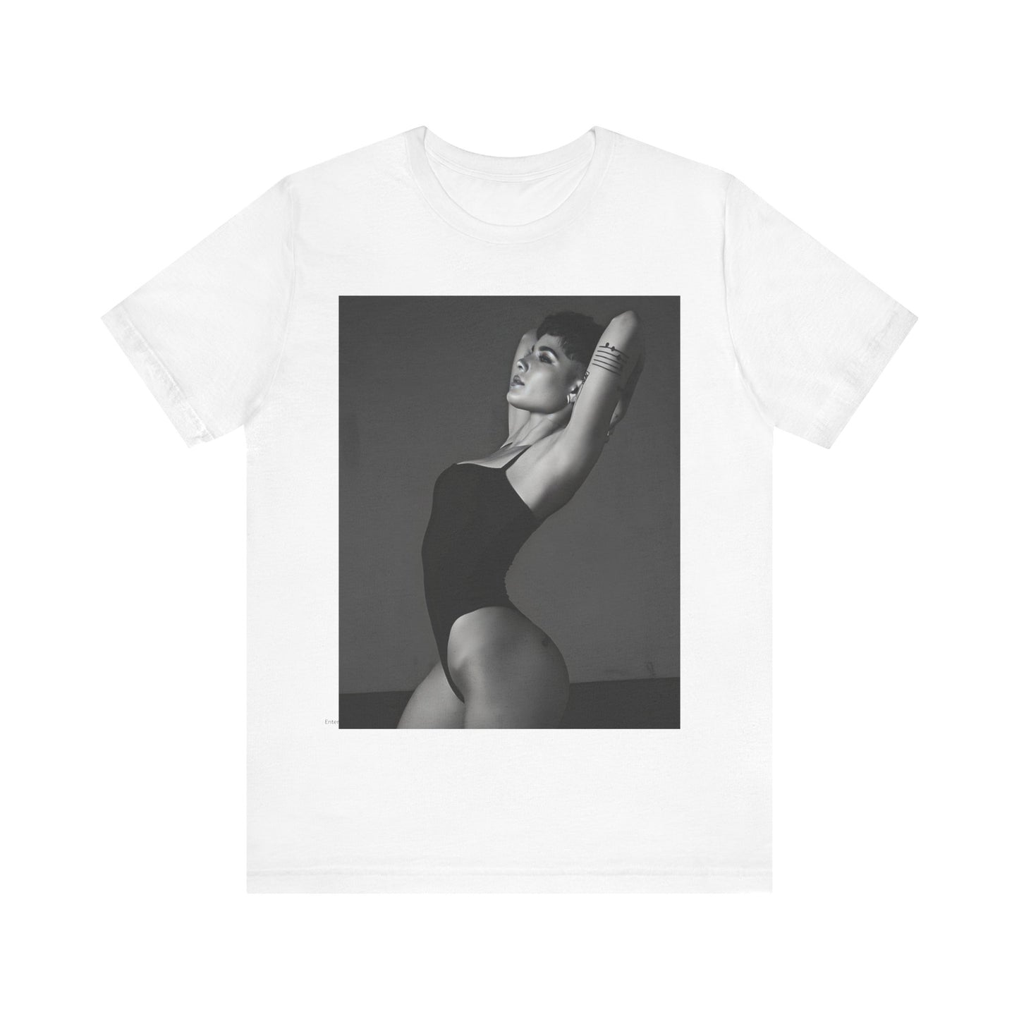 A black graphic t-shirt featuring a black and white, monochrome graphic or photo of Halsey.