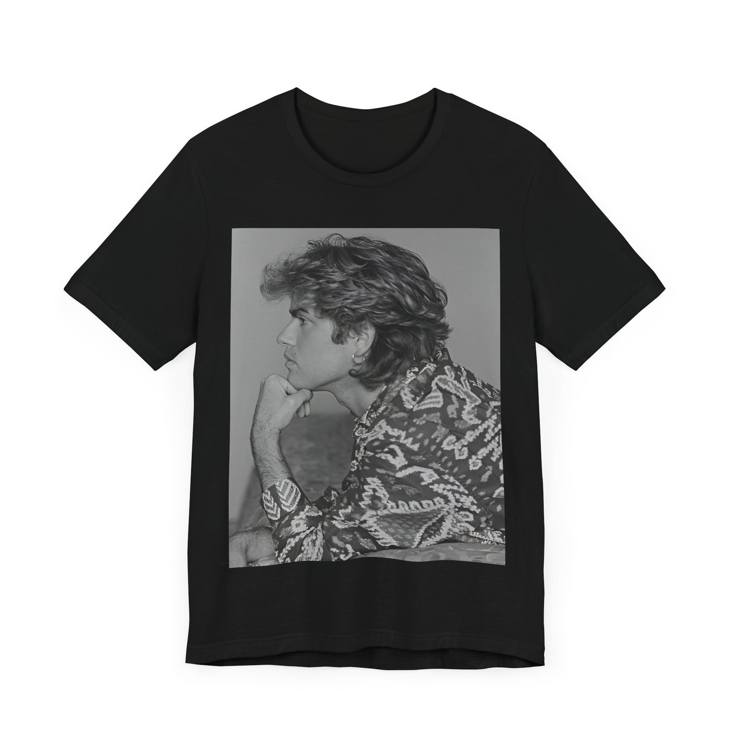 A black graphic t-shirt featuring a graphic of George Michael from his 80s Wham! era.