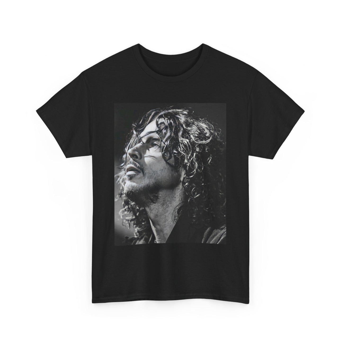 A black graphic t-shirt featuring a black and white graphic or portrait of Chris Cornell as a grunge icon.