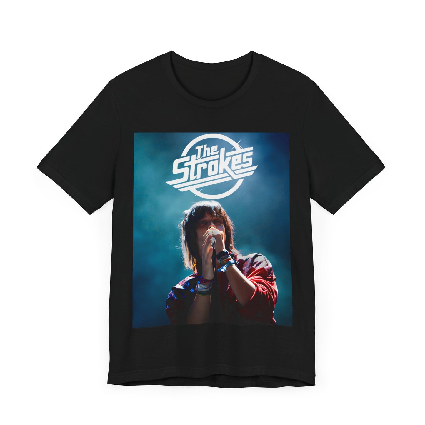 A black graphic t-shirt featuring a portrait or graphic of Julian Casablancas from The Strokes.