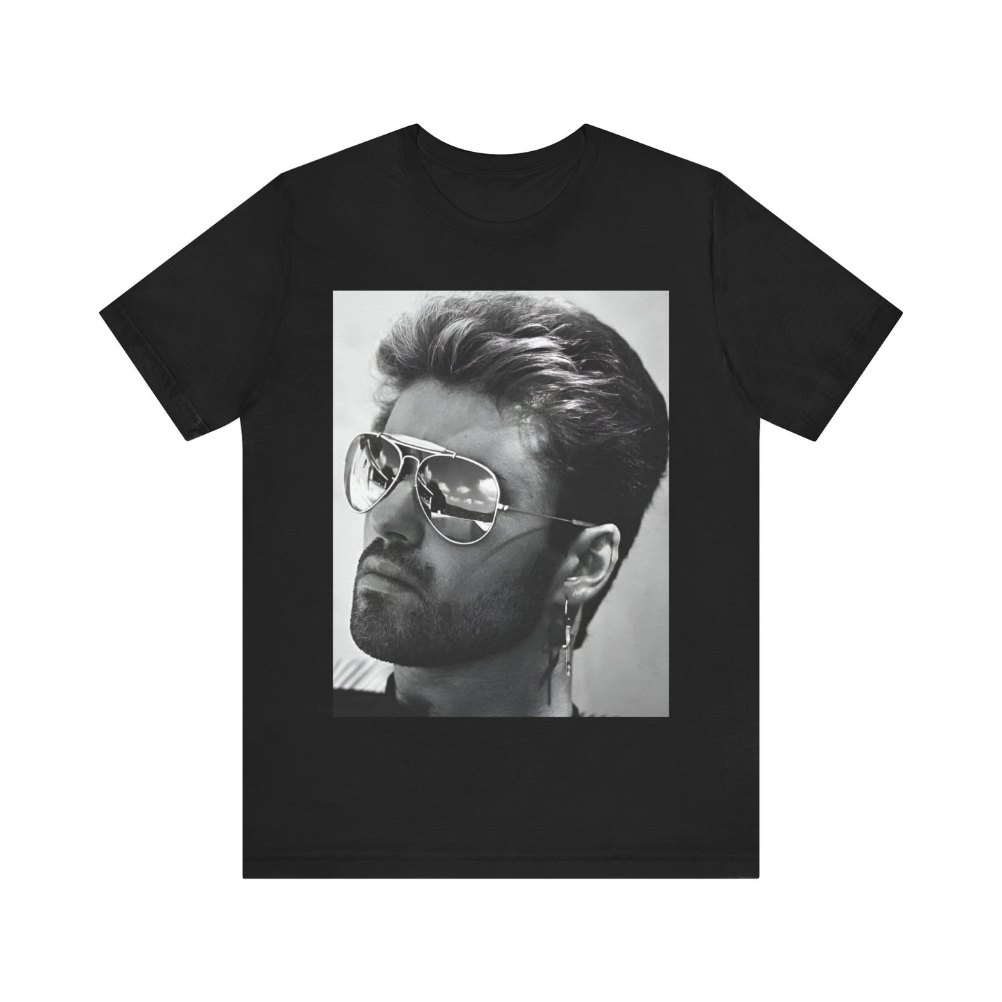A black graphic t-shirt featuring a photo of George Michael wearing iconic sunglasses.