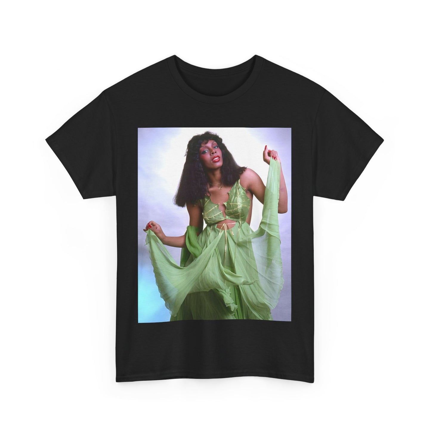 A black graphic t-shirt featuring an 80s pop icon aesthetic graphic of Donna Summer.