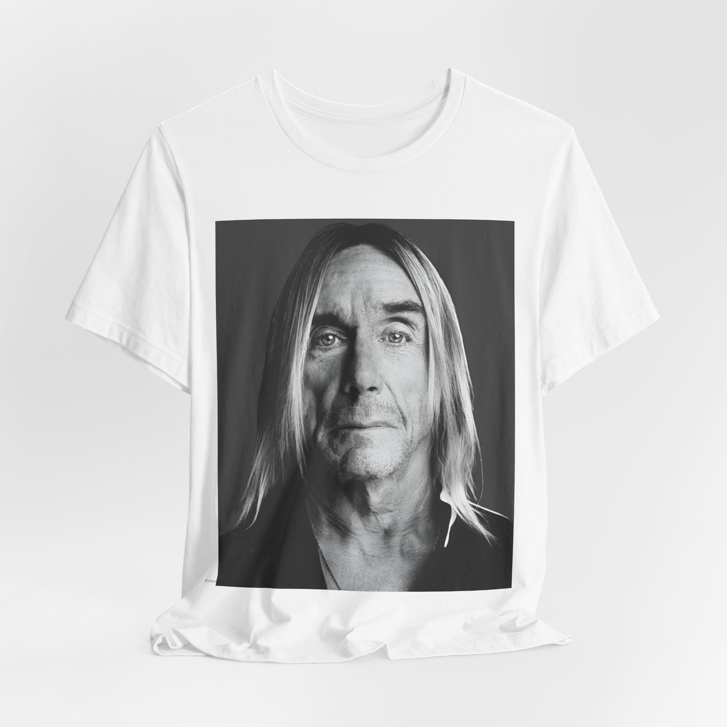 A black graphic t-shirt featuring a black and white portrait photo of Iggy Pop.