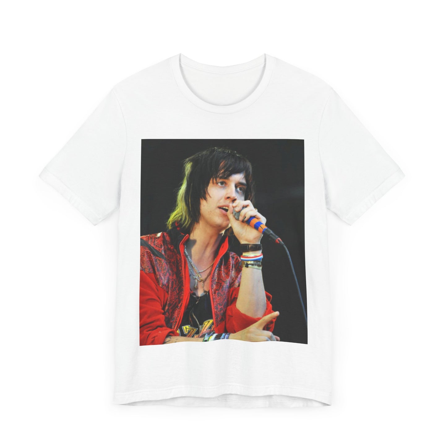 A black graphic t-shirt featuring a vintage indie rock graphic of The Strokes.