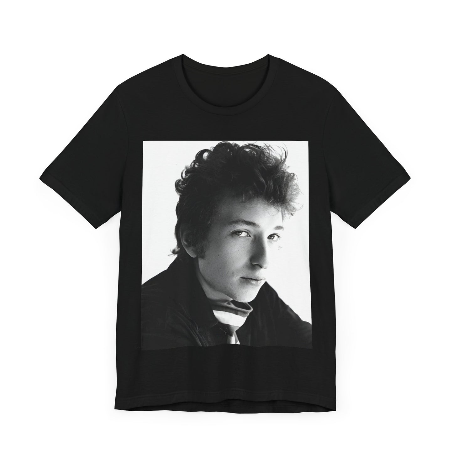 A black graphic t-shirt featuring a graphic related to Bob Dylan's 'Like a Rolling Stone' song or era.