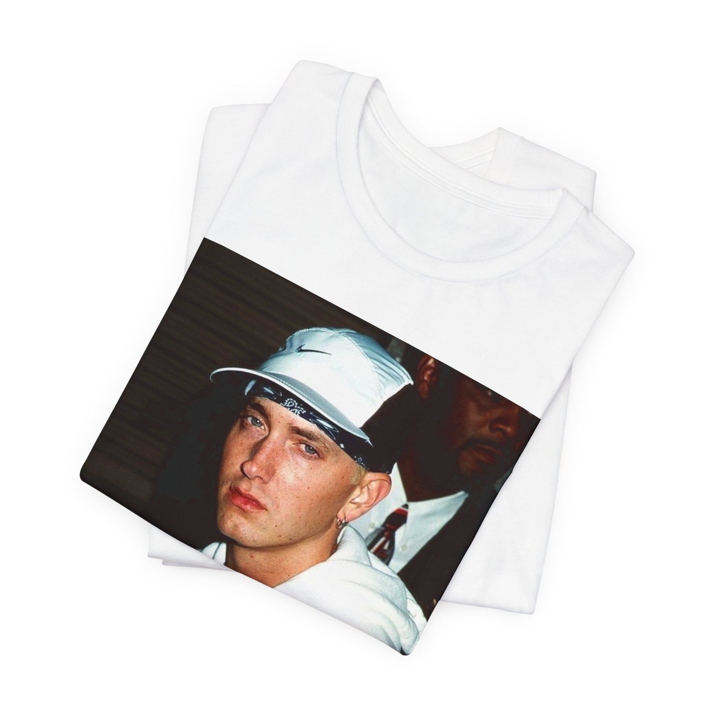 A black graphic t-shirt featuring a retro graphic or photo of Eminem in a backstage setting.