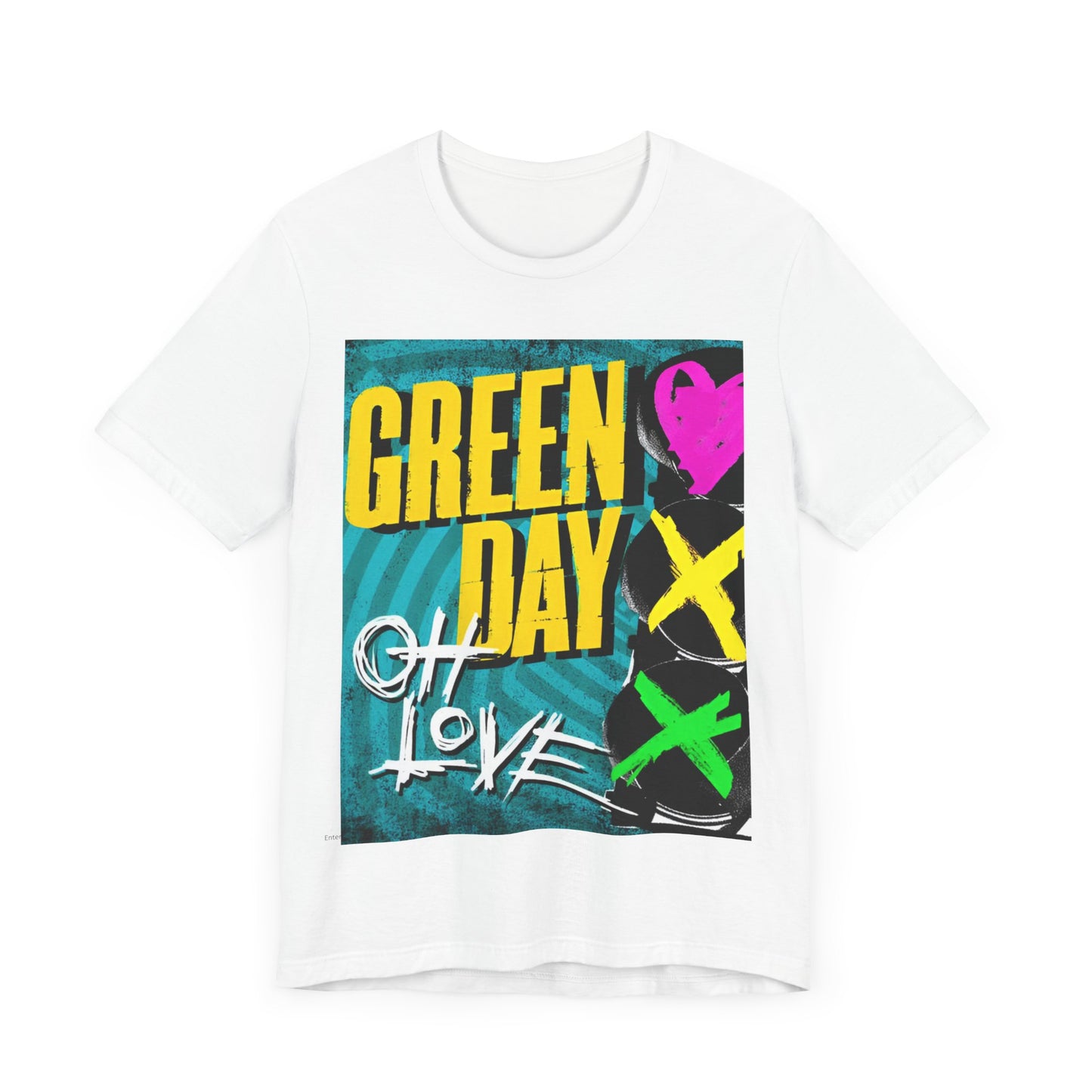 A black graphic t-shirt featuring a graphic related to Green Day's song 'Oh Love'.