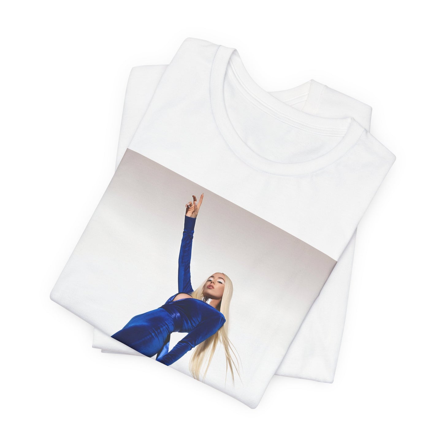 A black graphic t-shirt featuring Ava Max in a blue jumpsuit, in a graphic or photo style.
