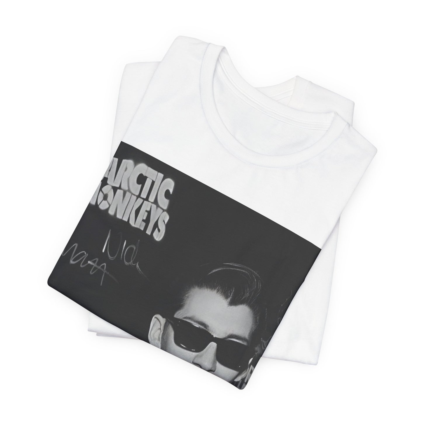 A black graphic t-shirt featuring a black and white portrait photo of Alex Turner from Arctic Monkeys, showing his signature look.