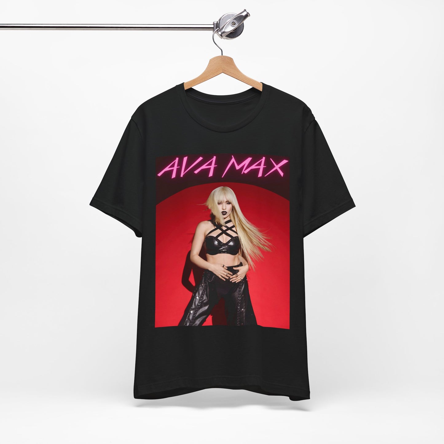 A black graphic t-shirt featuring a stylized graphic of Ava Max, emphasizing her status as a pop icon.