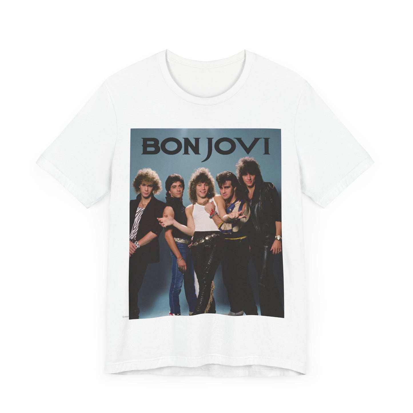 A black graphic t-shirt featuring a retro graphic inspired by Bon Jovi's 'Slippery When Wet' album art.