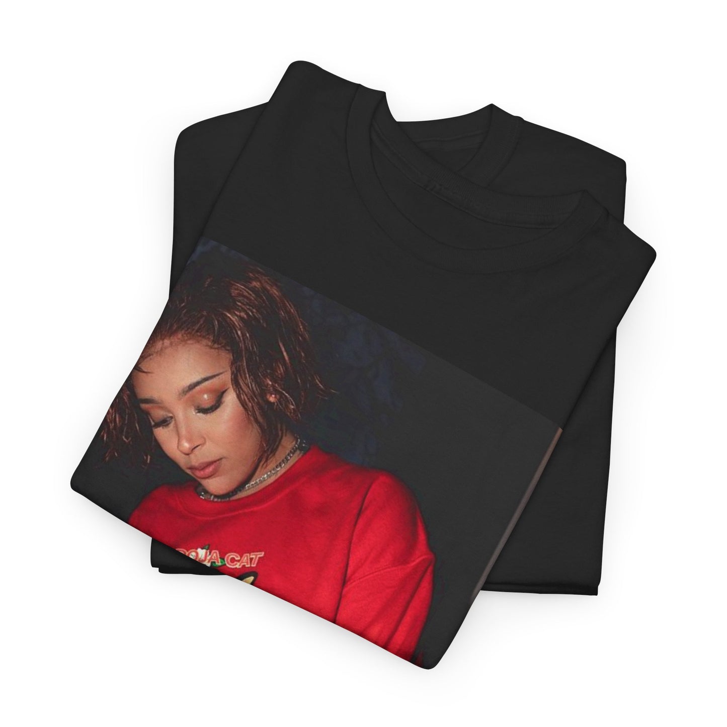 A black graphic t-shirt featuring a graphic of Doja Cat as a style icon.