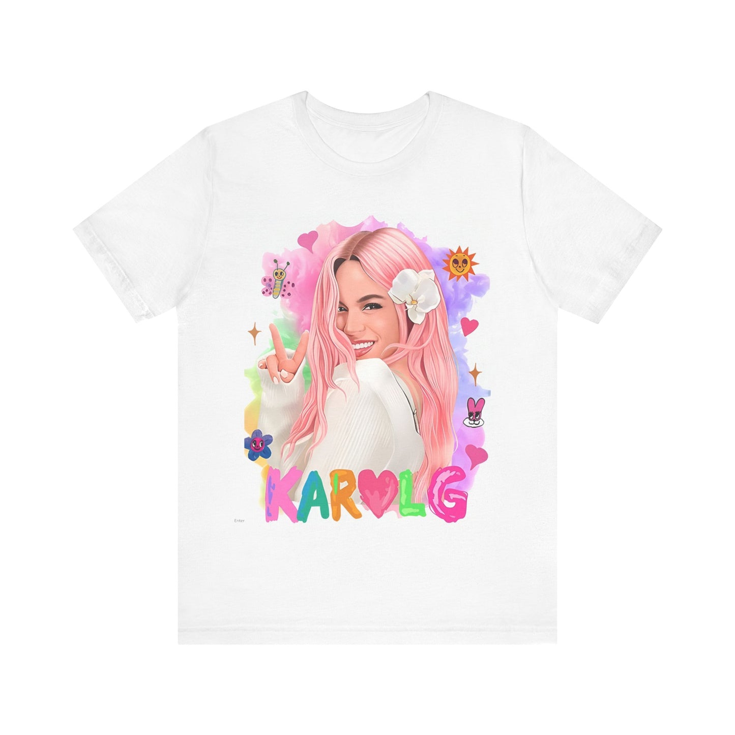 A black graphic t-shirt featuring a vintage graphic of Karol G, emphasizing her 'Bichota' persona.