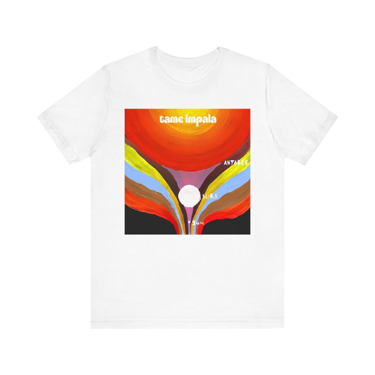 A black graphic t-shirt featuring a graphic inspired by Tame Impala's albums.
