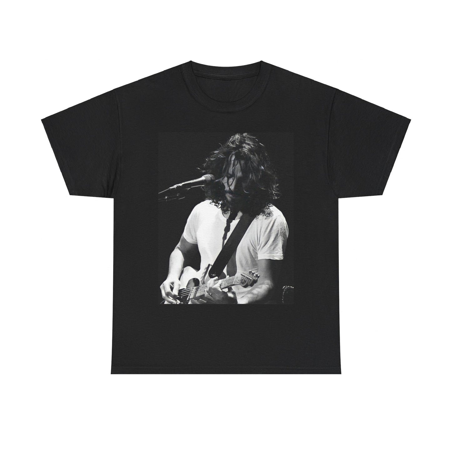 A black graphic t-shirt featuring a 90s-style graphic of Chris Cornell, evoking the Seattle sound aesthetic.