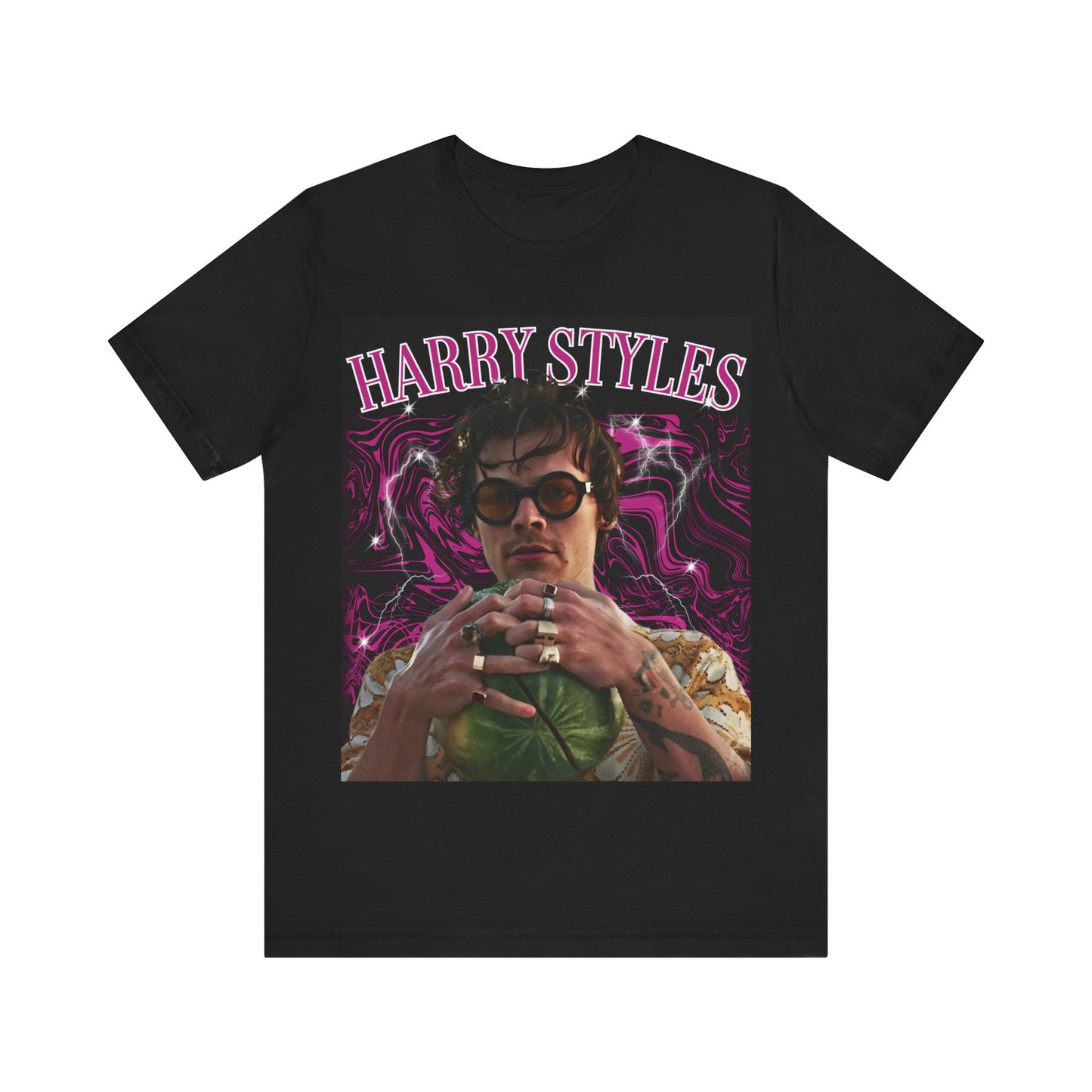A black graphic t-shirt featuring a bootleg-style pop graphic of Harry Styles.