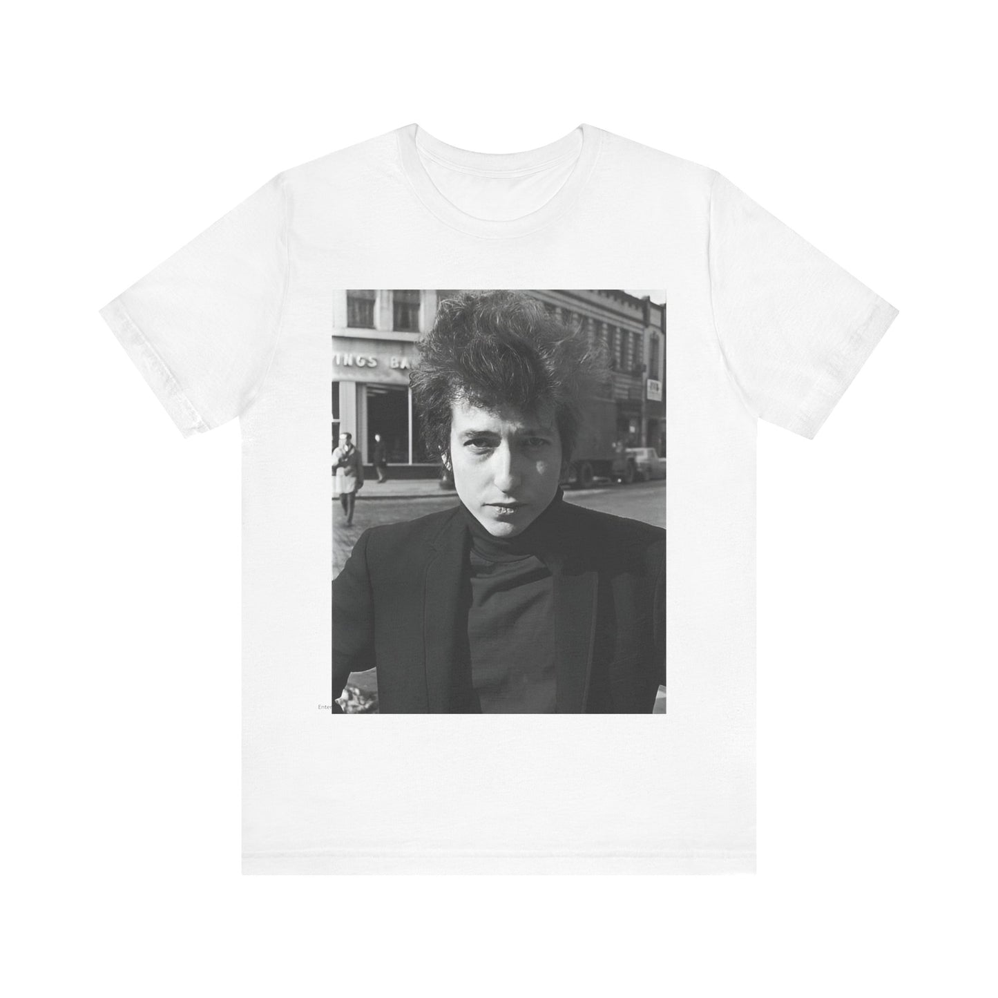 A black graphic t-shirt featuring a 60s black and white photo portrait of Bob Dylan.