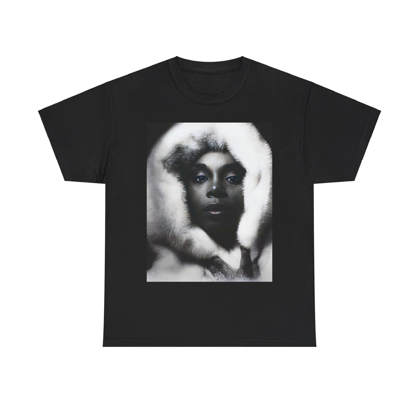 A black graphic t-shirt featuring a black and white, monochrome graphic or portrait of Donna Summer.