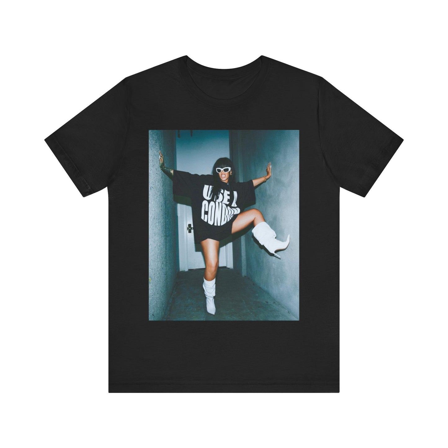 A black graphic t-shirt featuring a modern pop essential graphic of Rihanna.
