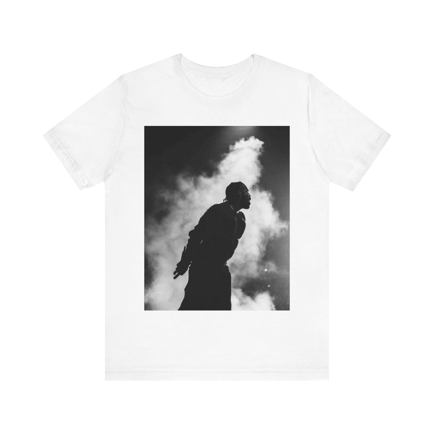 A black graphic t-shirt featuring a timeless black and white graphic or photo portrait of Drake.