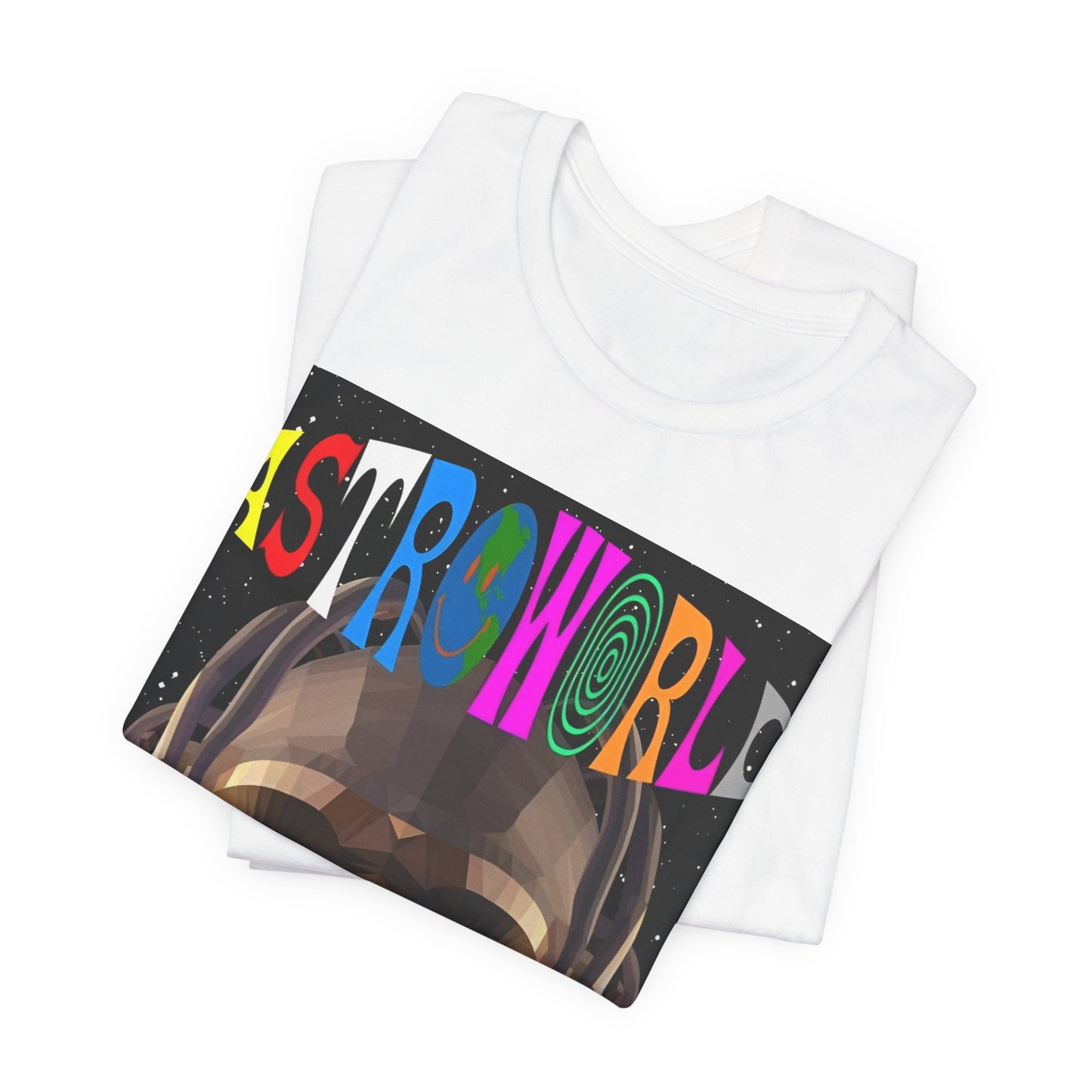 A black graphic t-shirt featuring a graphic related to Travis Scott's Astroworld album era.