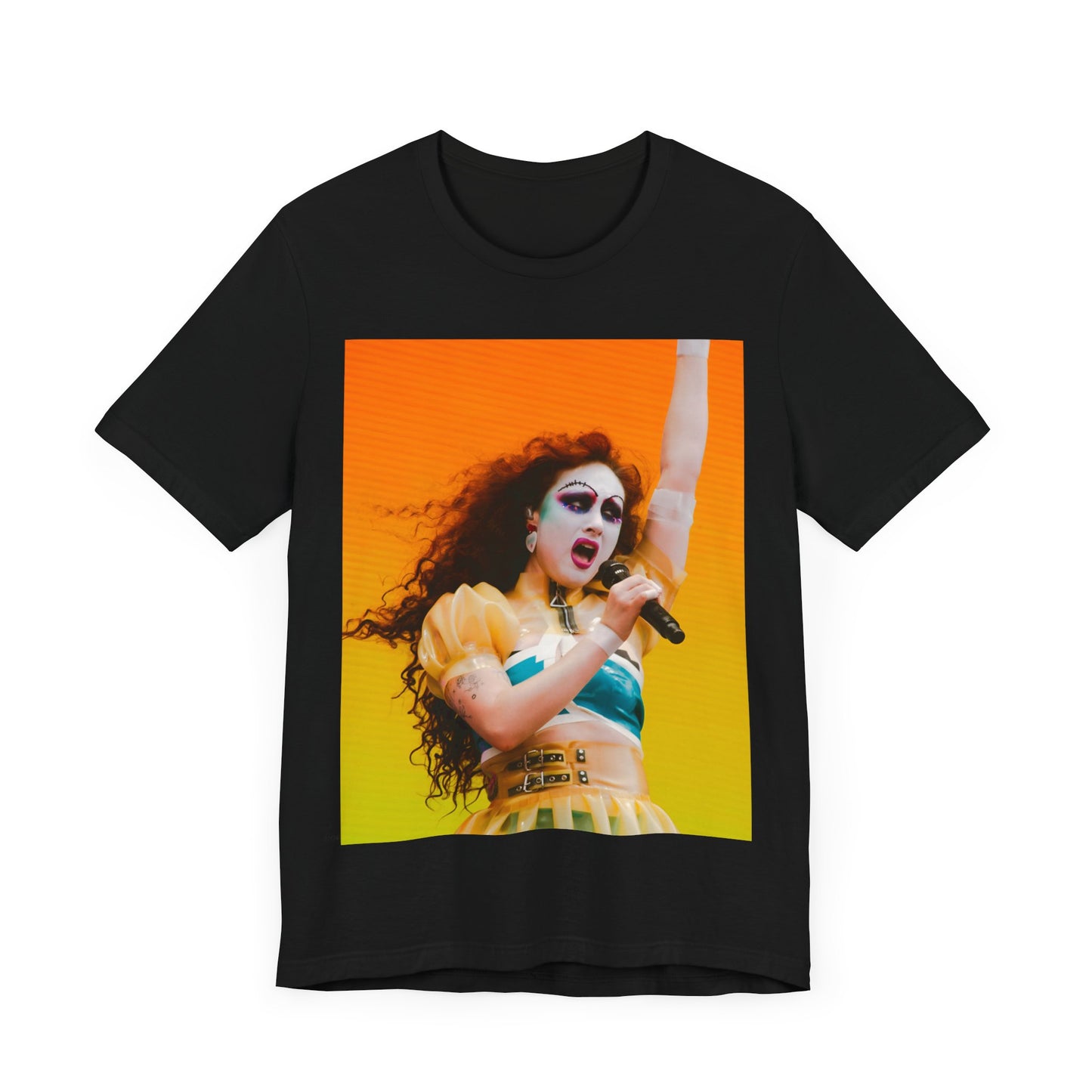 A black graphic t-shirt featuring a graphic of Chappell Roan, designed with a future pop aesthetic.