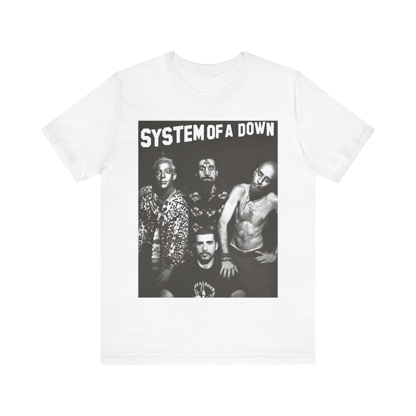 A black graphic t-shirt featuring a black and white graphic related to System of a Down's 'Chop Suey!' song or era.