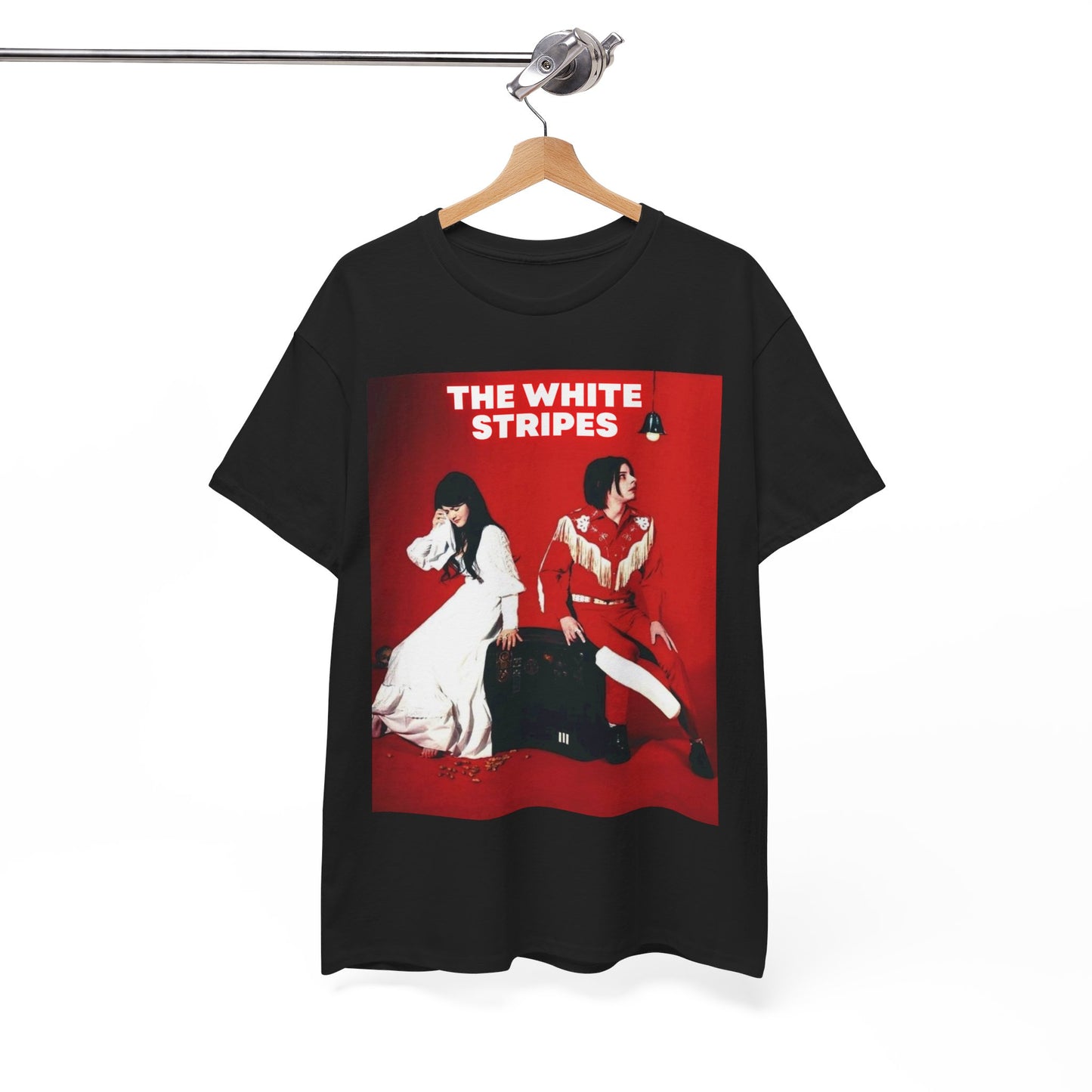 A black graphic t-shirt featuring an edgy rock and roll graphic of The White Stripes.