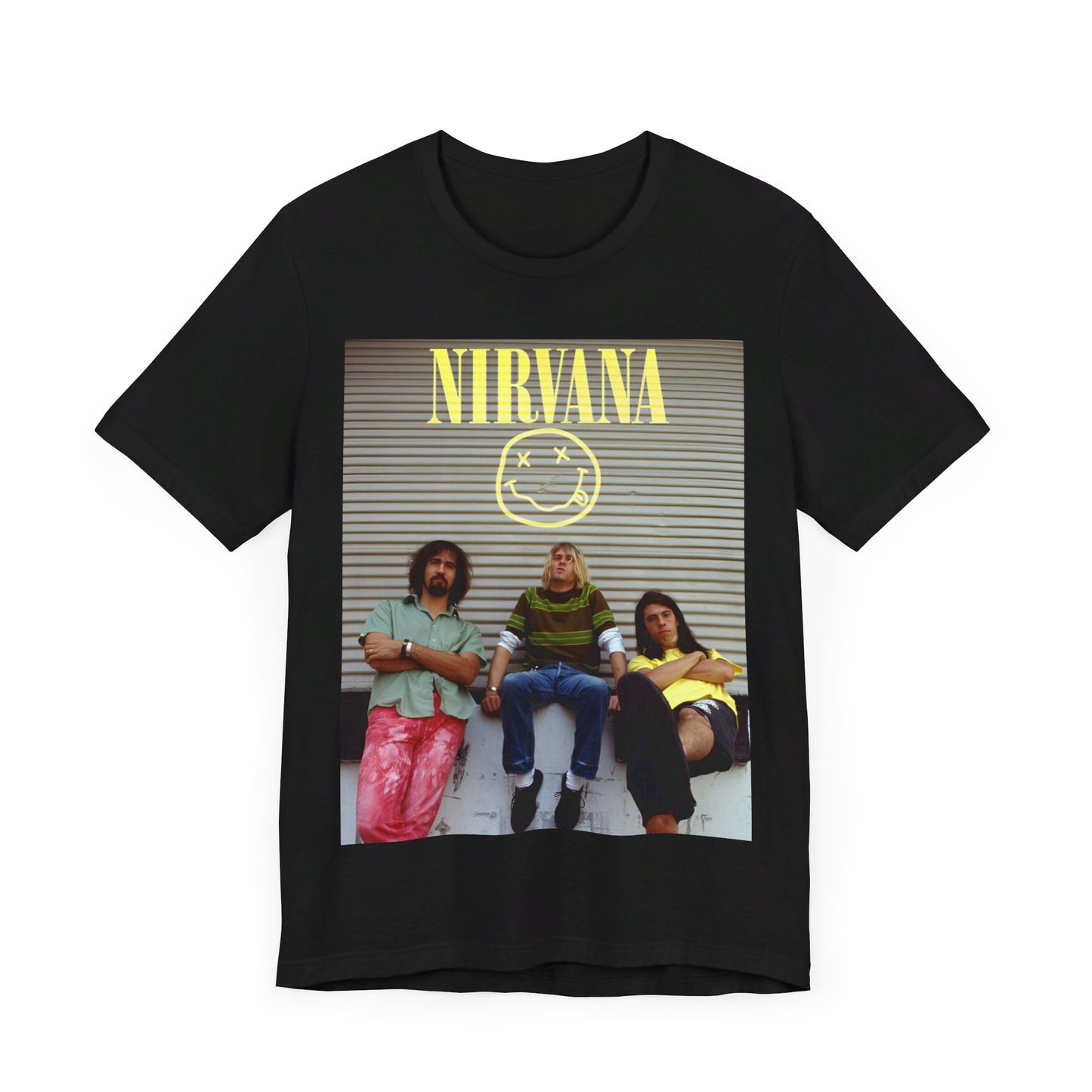 A black graphic t-shirt featuring an early days band photo of Nirvana.