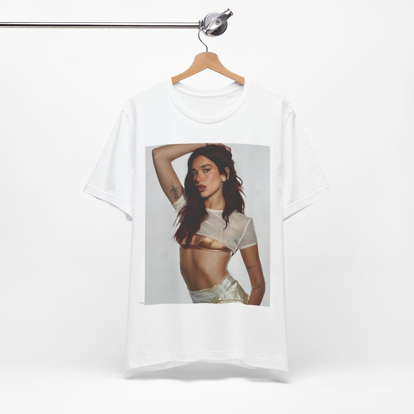 A black graphic t-shirt featuring a minimal graphic of Dua Lipa.
