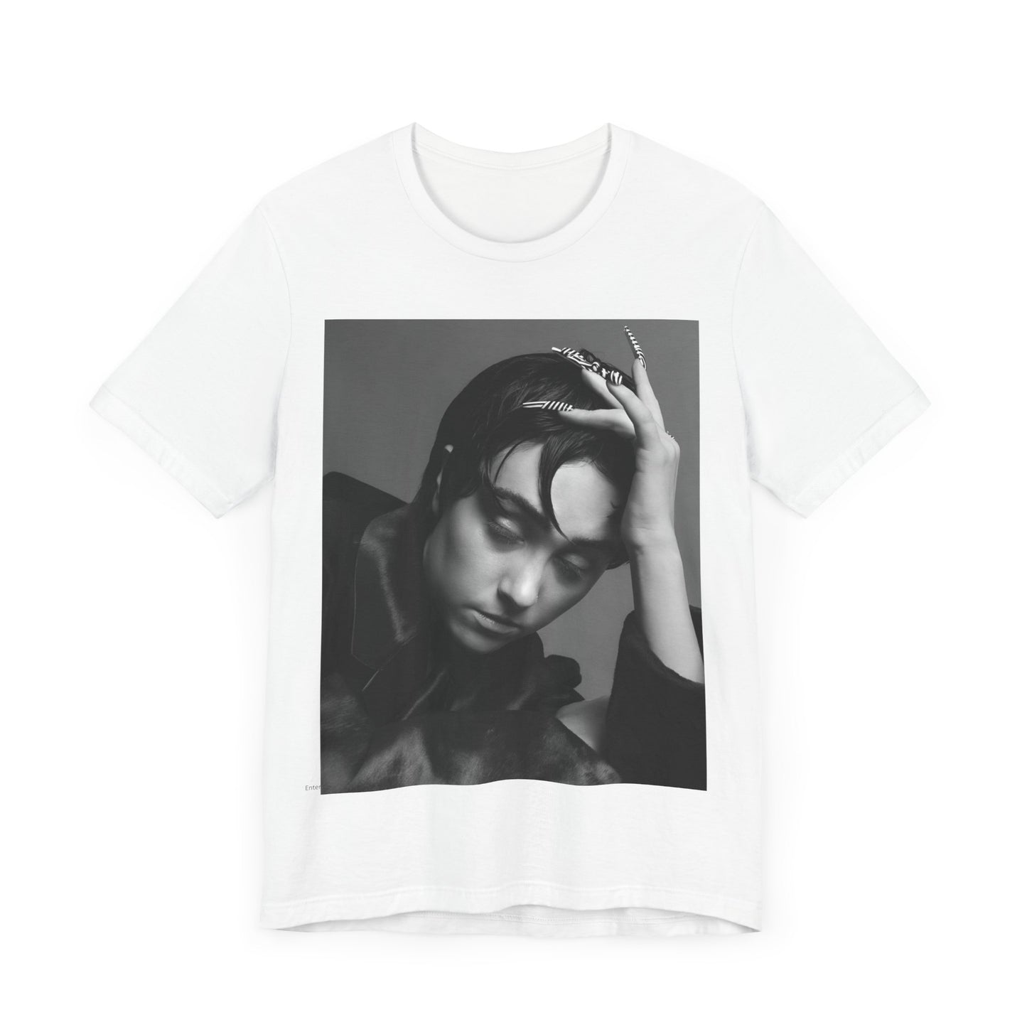 A black graphic t-shirt featuring a black and white graphic of Chappell Roan as a queer pop icon.