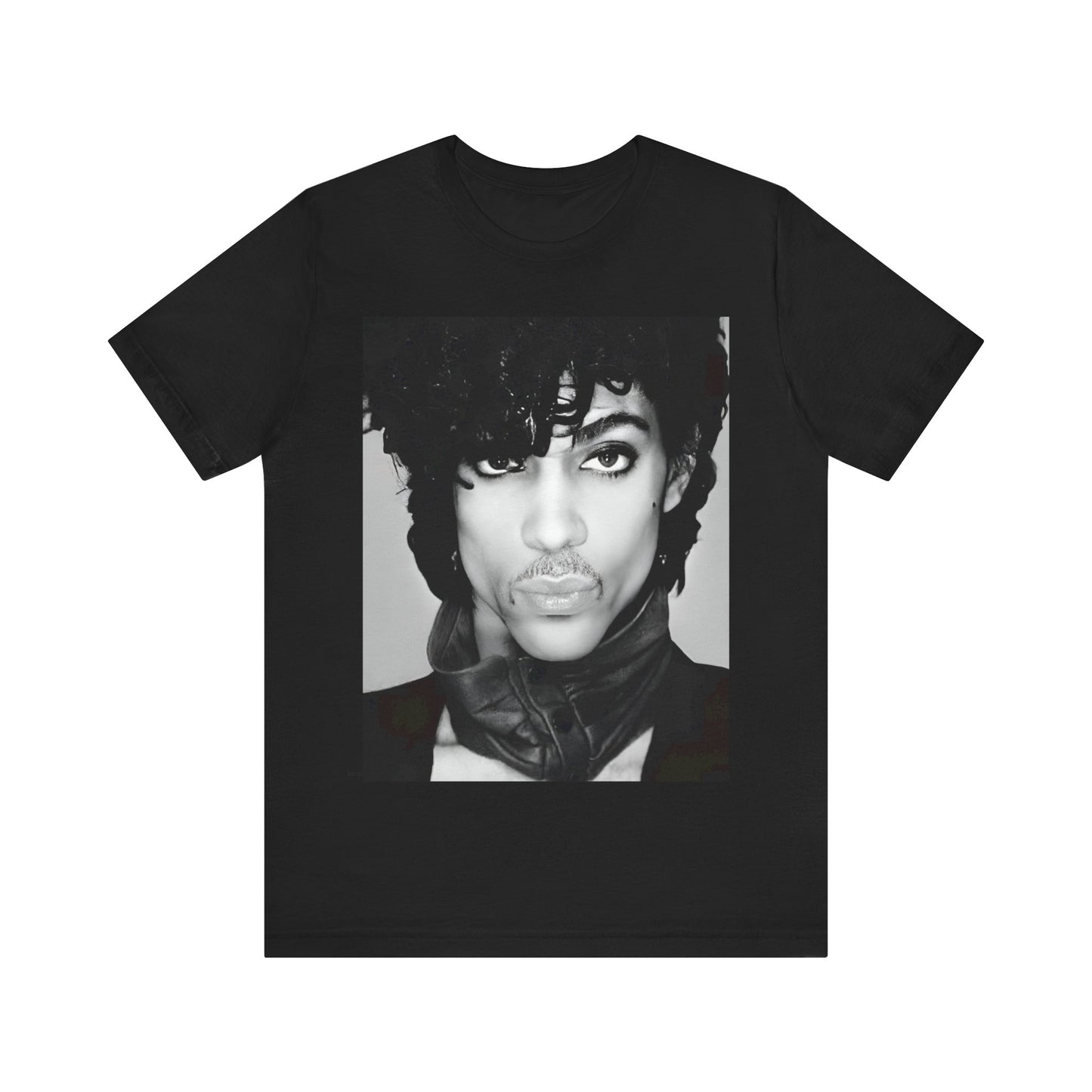 A black graphic t-shirt featuring a black and white photo portrait of Prince.