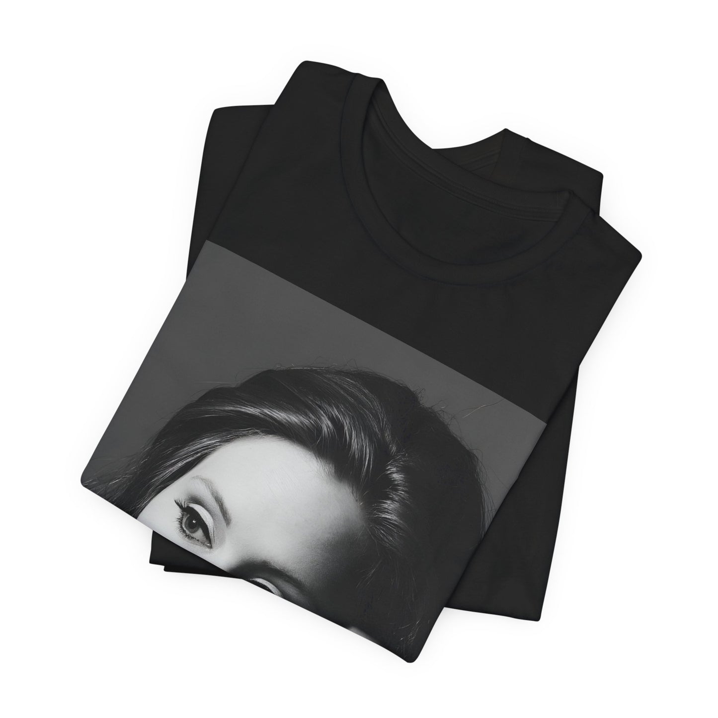 A black graphic t-shirt featuring a vintage-style black and white studio portrait of Adele, showing her with a poised and elegant expression.