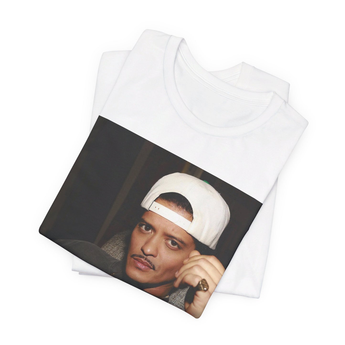 A black graphic t-shirt featuring a vintage aesthetic graphic of Bruno Mars.