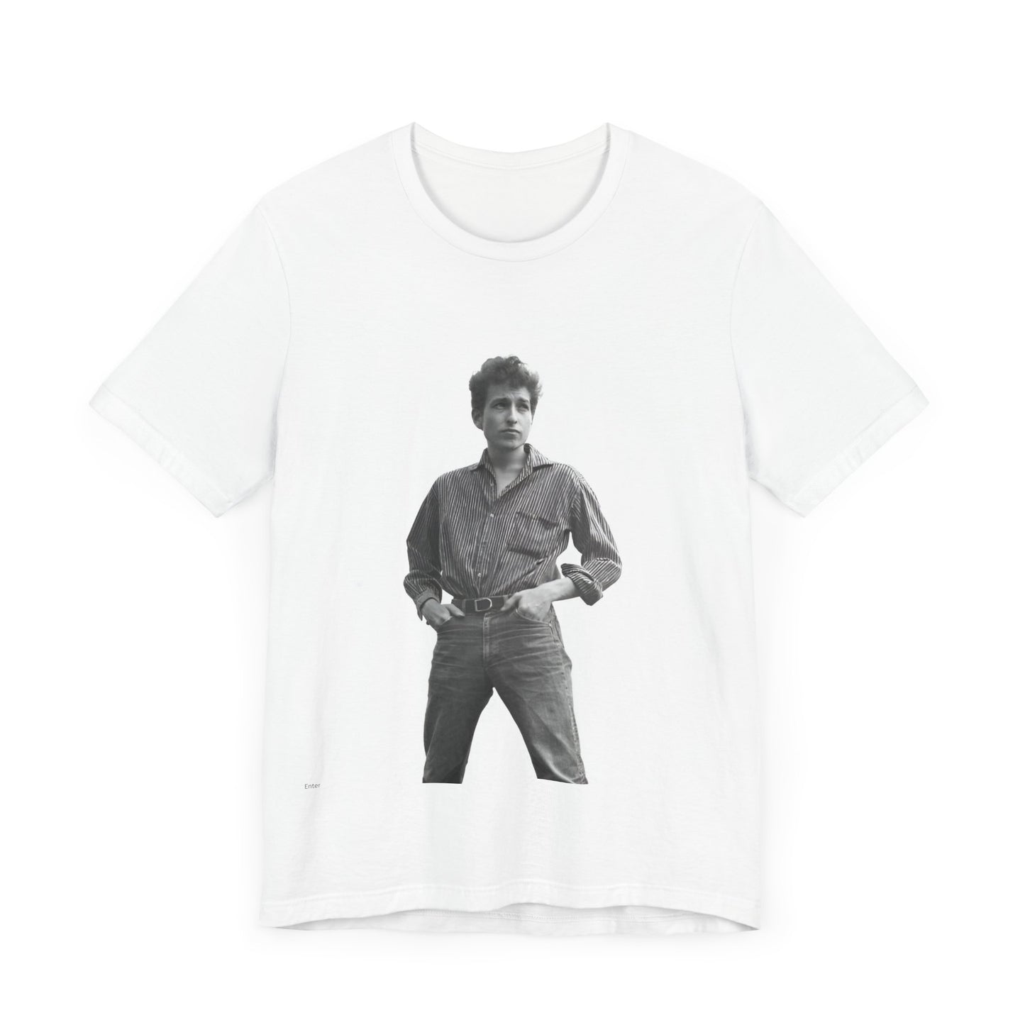 A black graphic t-shirt featuring a vintage 60s folk aesthetic graphic of Bob Dylan.