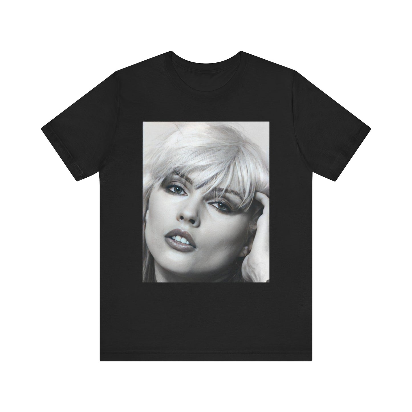 A black graphic t-shirt featuring an iconic black and white portrait photo of Debbie Harry from Blondie.