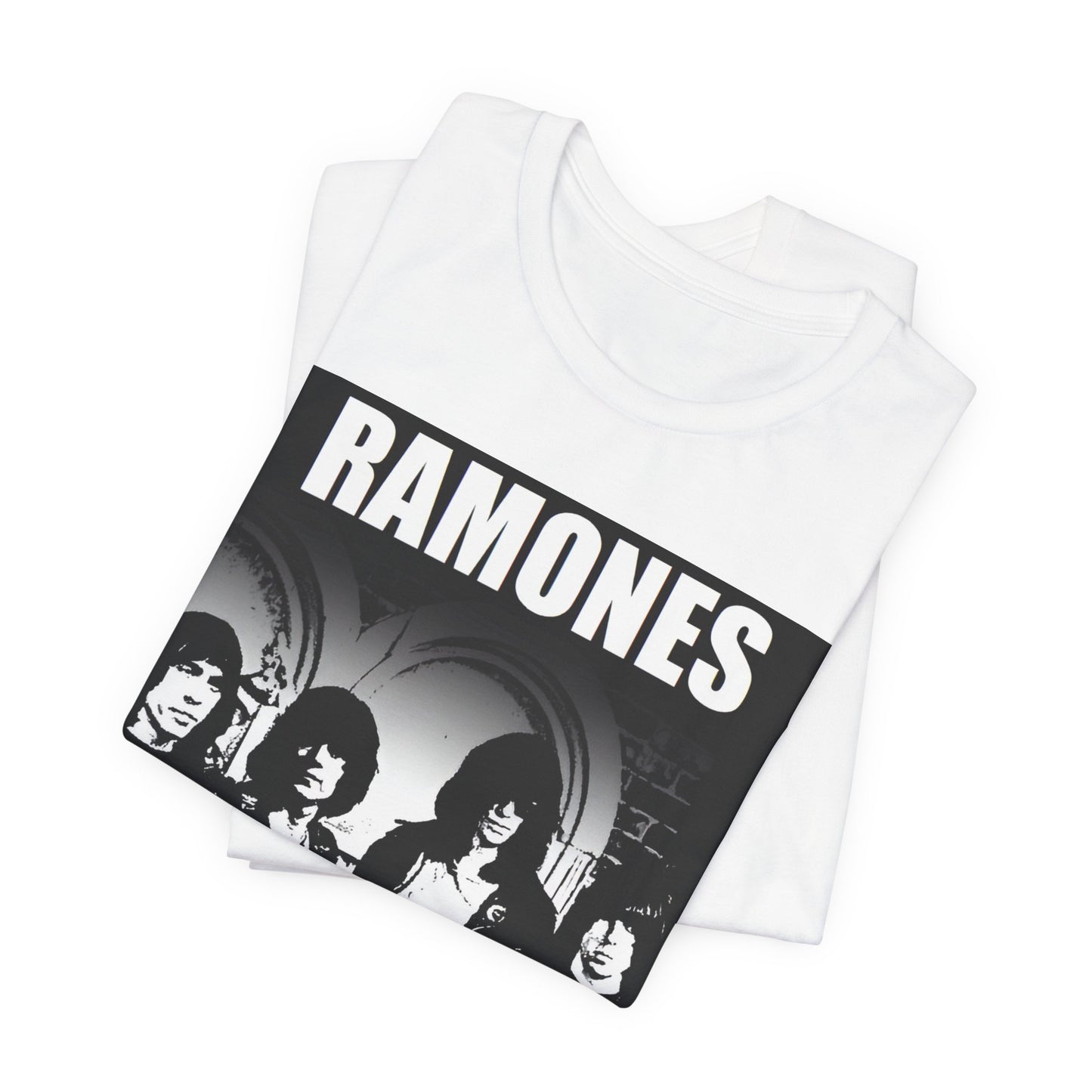 A black graphic t-shirt featuring a graphic of the Ramones as punk rock pioneers.