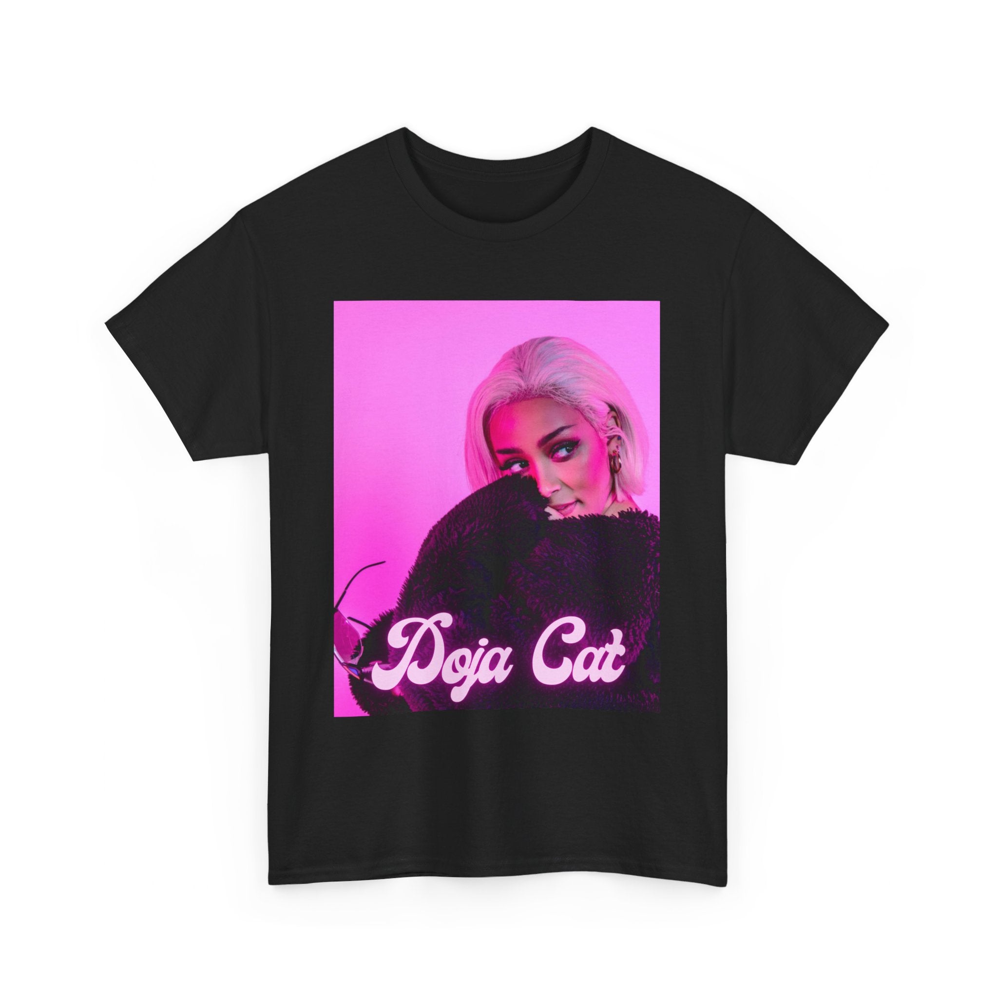 A black graphic t-shirt featuring a vintage Y2K pop aesthetic graphic of Doja Cat.