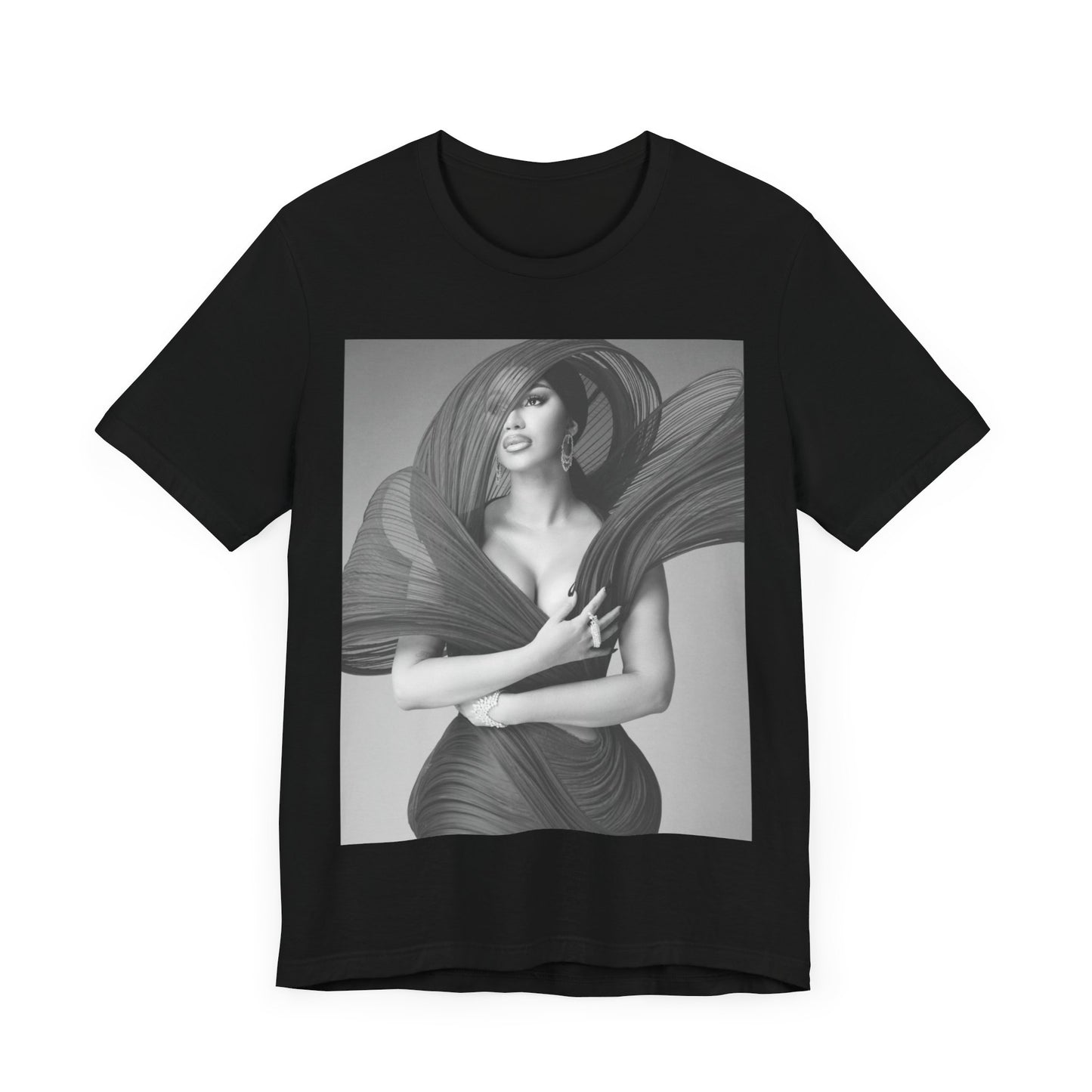 A black graphic t-shirt featuring a black and white graphic of Cardi B, emphasizing her 'Bronx Princess' or rap icon status.