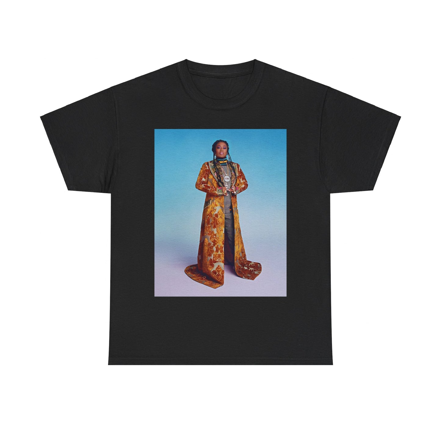A black graphic t-shirt featuring a graphic of Missy Elliott as an iconic fashion trendsetter.